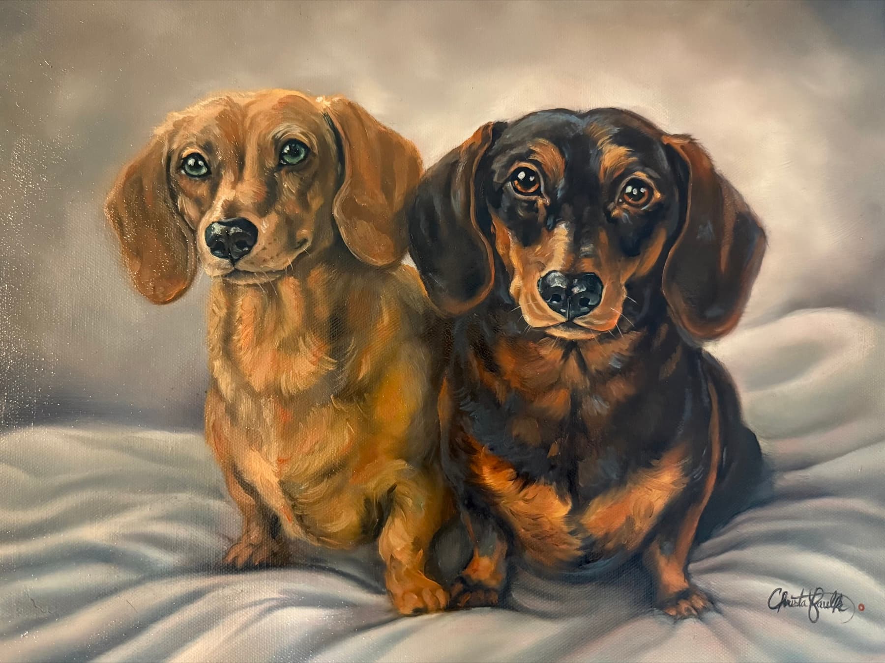 Commissioned oil painting of two dachshunds by Christa Faulk