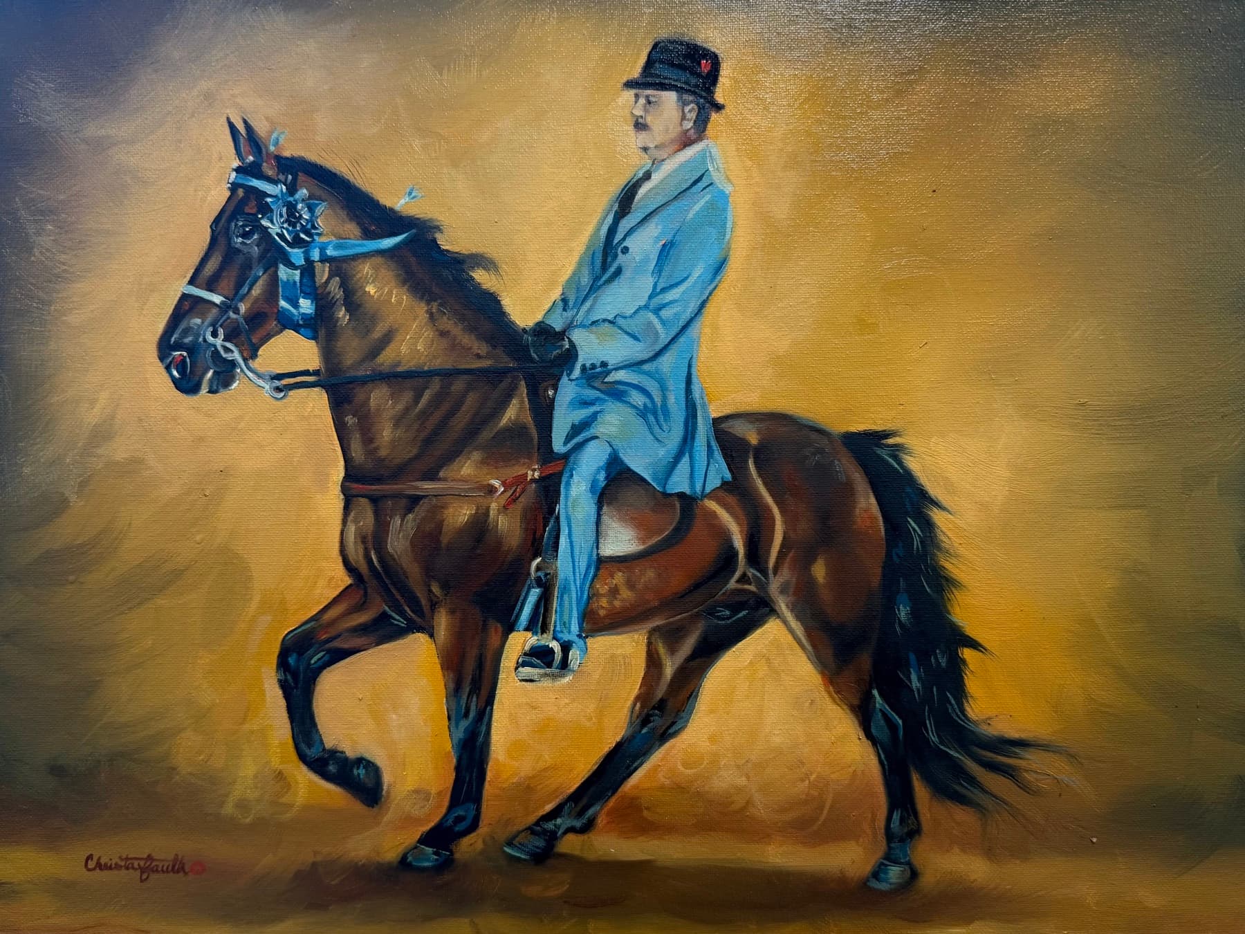 Commissioned oil painting of a horse and rider by Christa Faulk